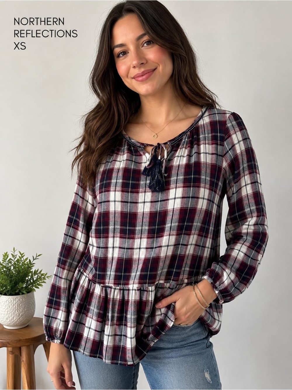 Northern Reflections Plaid Peplum Tassel Tie Blouse Burgundy Navy White XS